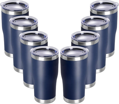 DOMICARE 20oz Tumbler with Lid Stainless Steel Tumblers Bulk, Double Wall Vacuum Insulated Coffee Travel Mug Powder Coated Tumbler, 8 Pack Navy
