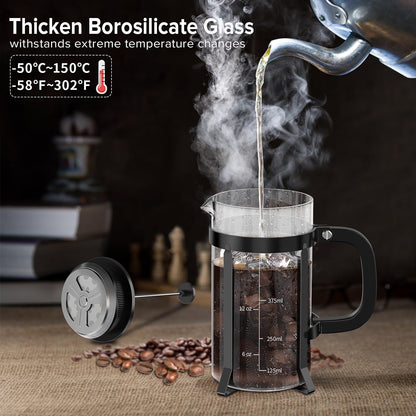QUQIYSO French Press Coffee Maker 304 Stainless Steel French Press with 4 Filter, Heat Resistant Durable, Easy to Clean, Borosilicate Glass Coffee Press, 100% BPA Free Glass Teapot, 21 ounce, Black