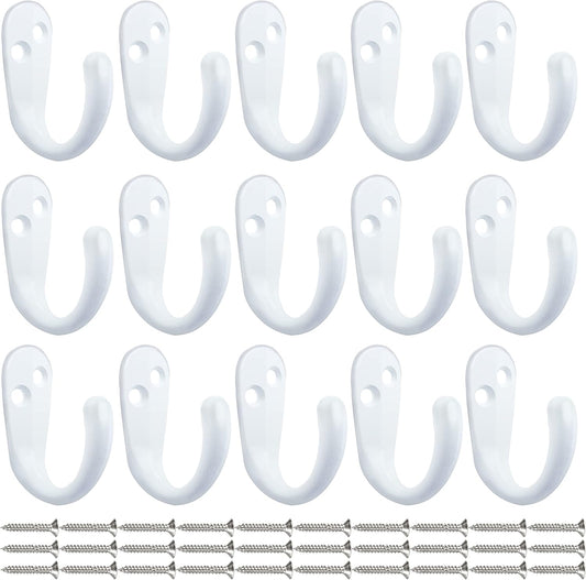 IBosins 15PCS Coat Hooks Wall Mounted Single Prong Robe Hook for Hanging Towel Hooks with 30 Screws for Bags, Hat, Cap, Scarf, Cup (White)