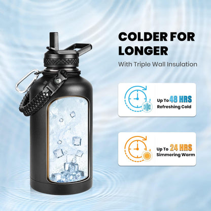 Insulated Water Bottle 64 oz, Triple Wall Vacuum Stainless Steel (Cold for 48 Hrs), Leak Proof & Non-BPA, Half Gallon Water Flask Jug with Paracord Handle & Straw Spout Lids, Magic Black