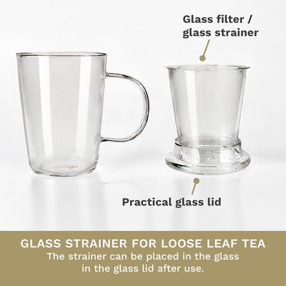 Creano Tea Glass 400 ml – Large Tea Cup with Strainer and Glass Lid – An ideal Tea Maker