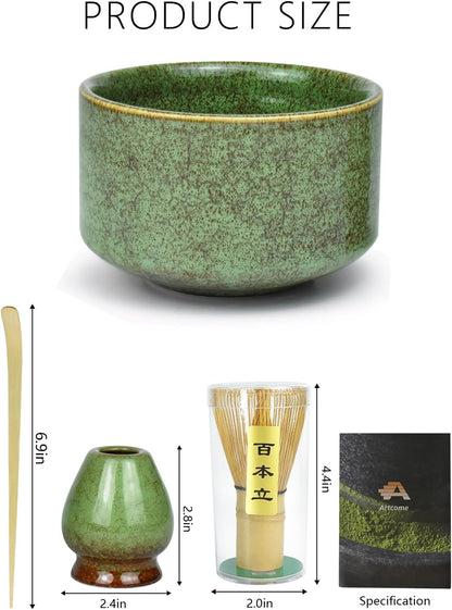 Artcome Premium Matcha Tea Set - 19.6oz Ceramic Bowl with Spout, Bamboo Whisk, Scoop, Whisk Holder & Brewing Guide - Elegant, Complete Set for Authentic Japanese Tea Ceremony