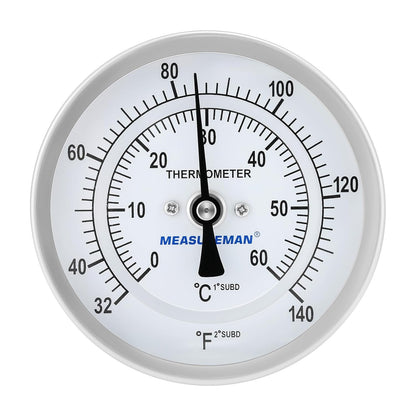MEASUREMAN Homebrew Bi-Metal Thermometer, 3" Dial, 6" Lead-Free Brass Stem, Range 32-140 deg F/0-60 deg C, 2% Accuracy, Adjustable, 1/2" NPT Back Mount
