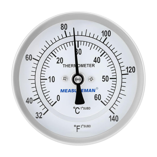 MEASUREMAN Homebrew Bi-Metal Thermometer, 3" Dial, 6" Lead-Free Brass Stem, Range 32-140 deg F/0-60 deg C, 2% Accuracy, Adjustable, 1/2" NPT Back Mount