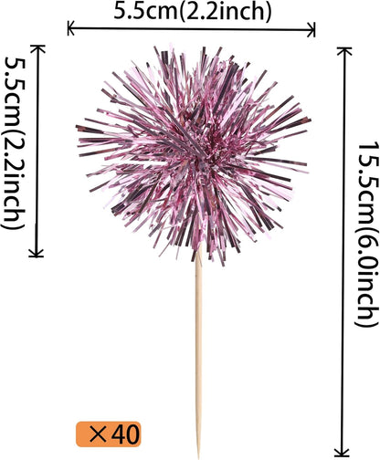 40 PCS Foil Firework Cupcake Toppers Sparkle Tinsel Cupcakae Picks Sparkler Fireworks Party Decorations Cocktail Fruit Toothpick for Birthday Wedding Graduation Party Decorations Supplies Pink