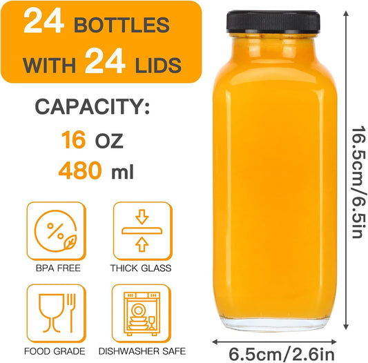 CUCUMI 24pcs 16oz Glass Juice Bottles with Lids, Reusable Vintage Glass Drinking Bottles with Blank Labels, Brush, Straws, Funnel for Storing Tea, Kombucha, Milk