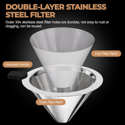 Pour Over Coffee Maker 800ml with 304 Stainless Steel Filter and Wooden Collar Holder Borosilicate Glass Drip Coffeemaker Server Set Clear Hand Brew Dripper Carafe for Home Camping Travel 27oz