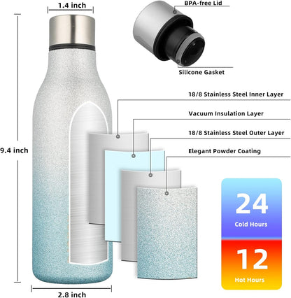 BJPKPK Insulated Water Bottles, 18 oz Stainless Steel Metal Water Bottle with Strap, BPA Free Leak Proof Thermos,Mugs,Flasks, Reusable Water Bottle for Sports & Travel, Sparkling Silver Blue