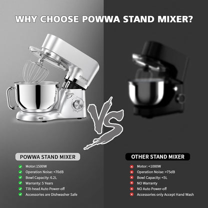Stand Mixer, POWWA 7.5 Quart Electric Mixer, 6+1 Speed 660W Tilt-Head Kitchen Food Mixers with Whisk, Dough Hook, Mixing Beater & Splash Guard for Baking, Cake, Cookie (Silver-with Handle)