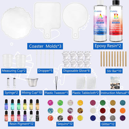 IGaiety Resin Coaster Molds Silicone Kit Cutting Serving Board Mold 82 Pcs Geode Tray Molds with Pigments for Starter Beginners Bundle Epoxy Resin Coasters Casting Kit Cup Mats Home Decoration Set