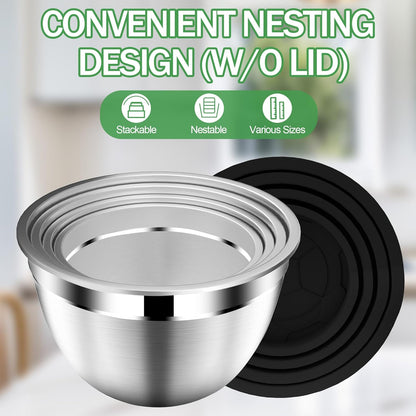 Mixing Bowls with Lids Set, Stainless Steel Mixing Bowls with Colander, Strainer with Mixing Bowl Set, Kitchen Gadgets Bowl Christams Gift, Size 4, 2.5, 2, 1.5QT - Black