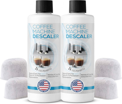 Keurig Compatible Descaling Solution - Descaler Cleaner Concentrate Kit For All 1.0 & 2.0 K-Cup Pod Machines and Espresso Machines - (2 Bottles, 4 Uses Plus 4 Filters)