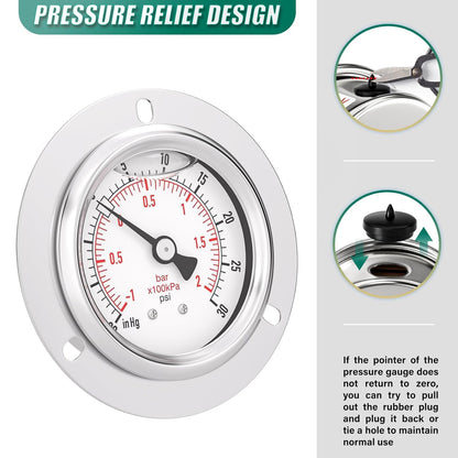 -30inHG-30PSI Panel Mount Front Flanged Glycerin Filled Pressure Gauge, 2.5" Dial Size, 1/4" MNPT Back Mount, Stainless Steel Case, with Phillips Screw and Nut, for Water, Gas, Liquid