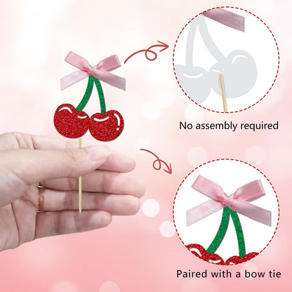 24 Pack Cherry Cupcake Toppers, Glitter Sweet Cherry Cupcake Pick for Fruits Theme Baby Shower and Birthday Decorations Supplies