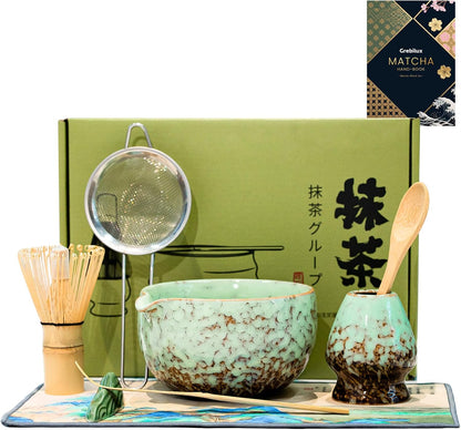 Matcha Whisk Set, Ceramic Matcha Set Includes Matcha Bowl, Whisk & Holder, Scoop, Sifter, Spoon, Scoop Rest, Tea Mat, Hand Book - 9 Pcs Kit for Matcha Lovers (Green)