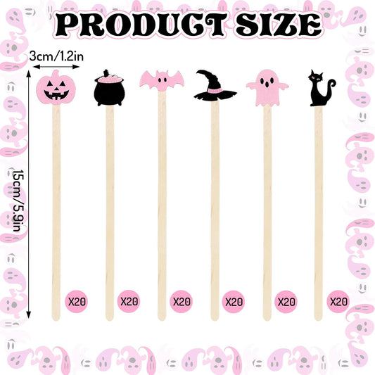 120Pcs Halloween Coffee Stirrers Disposable Pink Black Ghost Bat Cat Pumpkin Stir Sticks Wooden Drink Stirrer for Hot Chocolate Milkshake Restaurant Home Office