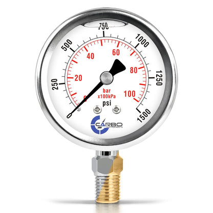 Stainless Steel Pressure Gauge Dual Display (0-1500 psi/kPa) - 2 1-2" Glycerine Liquid Filled Water Air Oil Gas Gauge with Polycarbonate Lens & Brass Connection-1/4 NPT Lower Mount