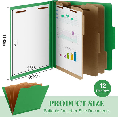 12 Pcs Classification Folders Letter Size, Back to School Supply for Teacher, Student, 3 Dividers Pressboard File Folder Bulk with 2 Fasteners, 3.5 Inch Expanding File Organizer (Green)