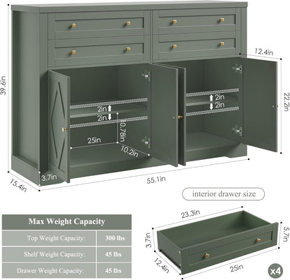 HOSTACK 55" Coffee Bar with 4 Large Drawers, 40" Tall Buffet Cabinet with Storage, Kitchen Storage Cabinet, Modern Farmhouse Sideboard Buffet, Adjustable Shelves for Living Room, Green