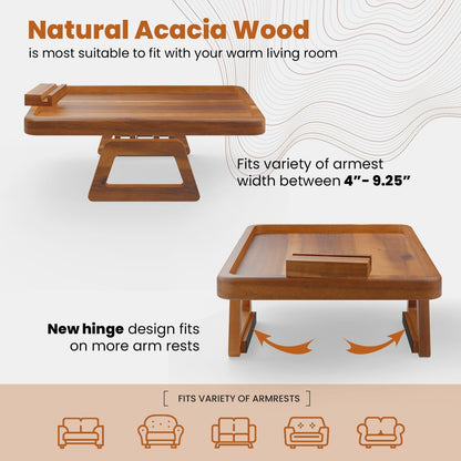 Tinamo 15.7" x 11" Large Couch Arm Table with 360 Rotating Phone Holder - Sofa Arm Clip Table for Living Room - Sofa Armrest Tray Wide Couches - Wooden Side Tables for Eating and Drink (Acacia Wood)