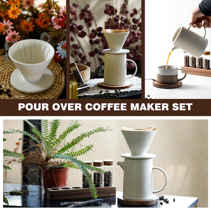 Pour Over Coffee Maker Set Vintage Ceramic Pour Over V60 Coffee Dripper Set with 20 Count Paper Coffee Filters,for Home Café Restaurant Camping,15.8 Ounces(White)