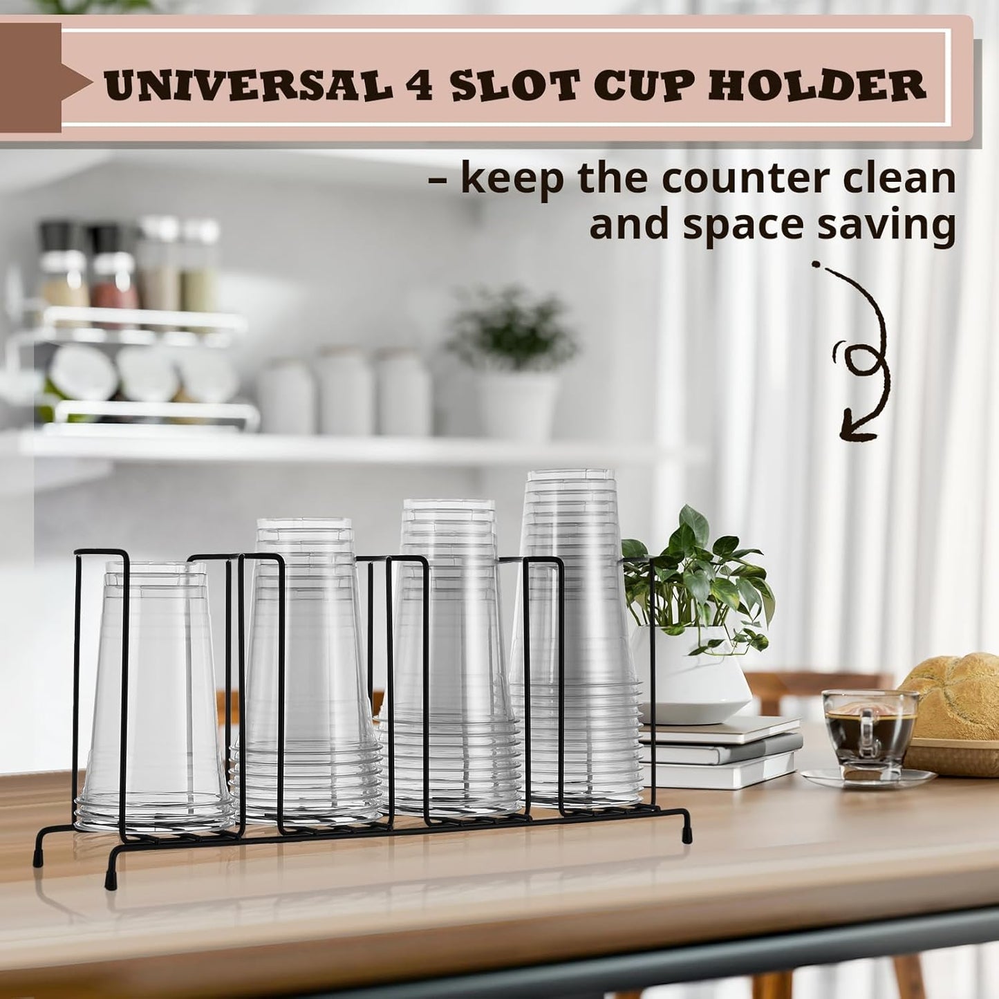 Maxdot 2 Pcs Coffee Cup Organizers 23 x 5 x 8.5 Inch Wire Rack Coffee Cup and Lid Holder Black Iron Lid Dispenser Countertops Organizer for Kitchen Storage Essentials (4 Section)