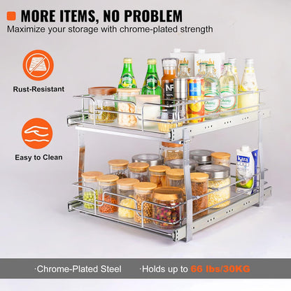VEVOR Pull Out Cabinet Organizer, 17"Wx21"D 2 Tier Heavy Duty Slide Out Pantry Shelves, Chrome-Plated Steel Roll Out Drawers, Sliding Drawer Storage, 18.5"Wx22"D Install Size for Cabinet