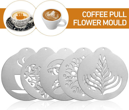 5Pcs Stainless Decorating Stencils, Metal Foam Latte Art Templates, Reusable Cappuccino Chocolate Templates Coffee Garland Mould Cake Decorating Tool