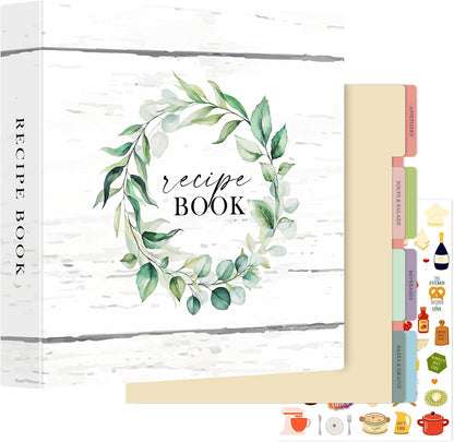 Lanpn Recipe Binder 8.5x11 3 Ring Kit, Waterproof Organizer Binder Recipe Book with 60 Plastic Sleeves,116 Recipes, Dividers,Labels & Stickers, Blank Cookbook to Write in Your Own Recipes, Leaf