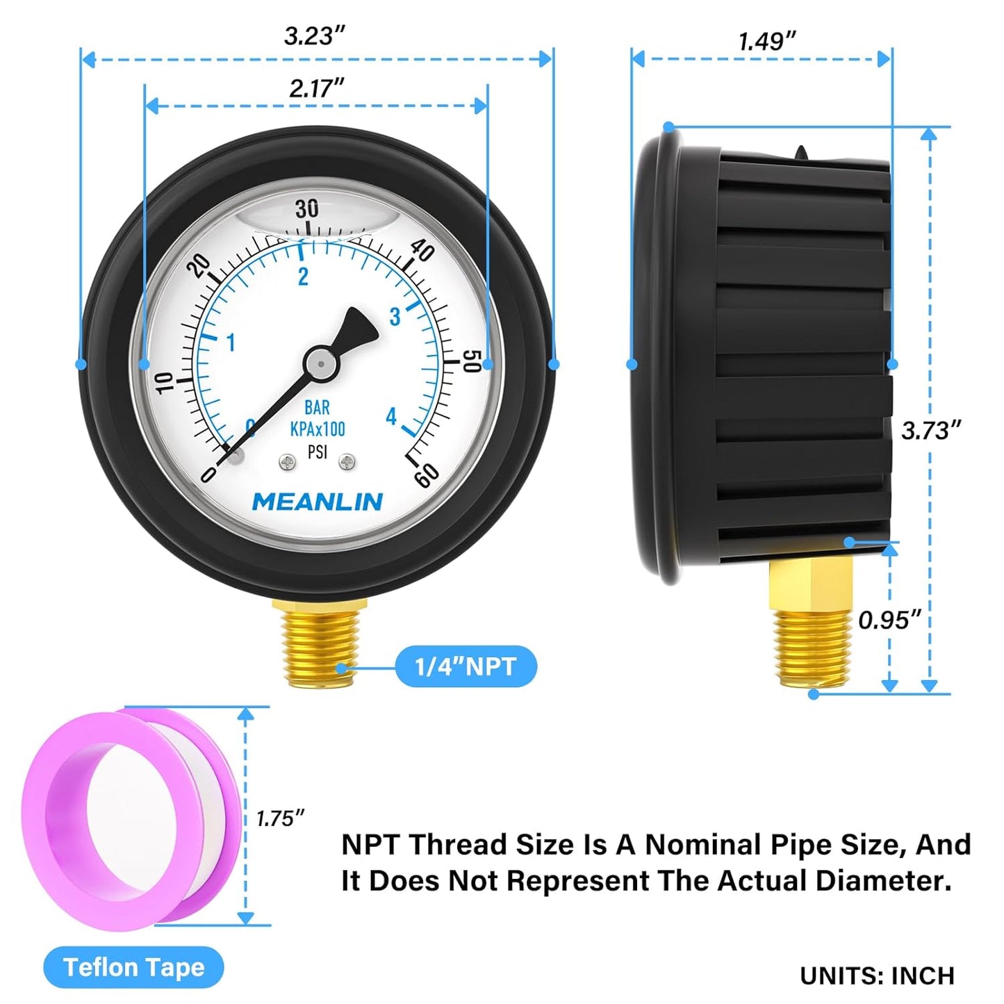 MEANLIN MEASURE 0~60Psi Stainless Steel Liquid Filled Pressure Gauge 1/4" NPT 2.5" FACE DIAL with Rubber Protective Sleeve, Lower Mount