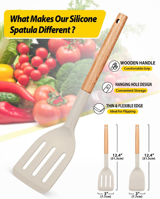 Pack of 2 Silicone Cooking Spatula, Heat Resistant Solid Turner, Non Stick Slotted Spatulas with Wooden Short Handle,Ideal Wood Kitchen Utensils Set for Frying, Baking, Flipping, Turning