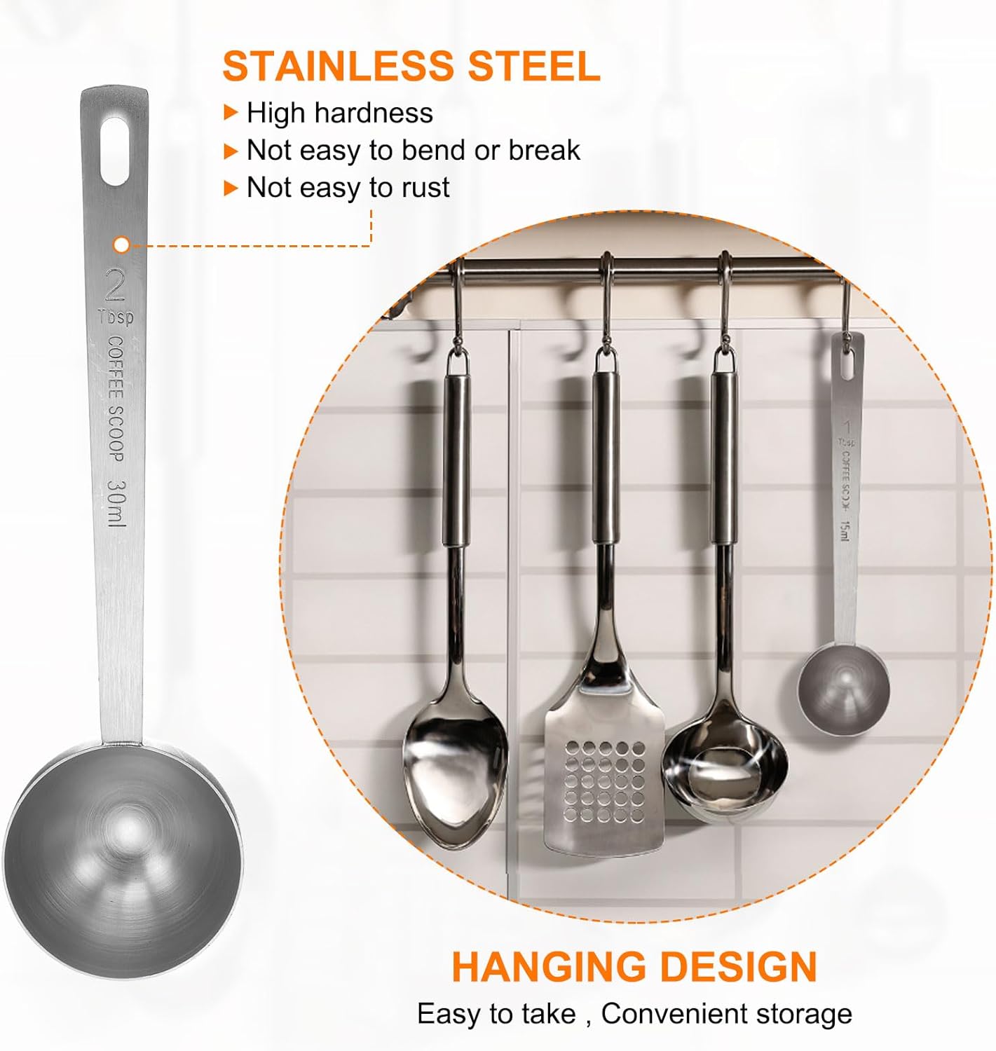 HARFINGTON Coffee Scoop Spoon 2tbsp (6tsp, 30ml) 304 Stainless Steel Long Handle Teaspoon/Tablespoon Measuring Spoons Scoops for Tea Sugar Kitchen, Silver