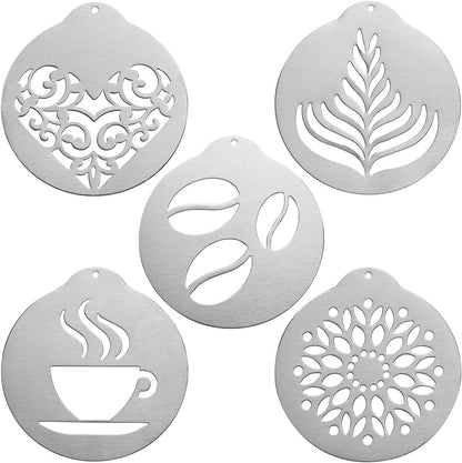 Coffee Decorating Stencils, 5Pcs Stainless Art Stencils Garland Mould Cappuccino Art Templates for Mousse, Cup Cake, Birthday Cake, Coffee, Hot Chocolate