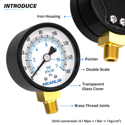 MEANLIN MEASURE 0-160Psi 2" DIAL FACE 1/8" NPT Well Pump Pressure Gauge, with 1/4" NPT and 3/8" NPT Hex Bushing, 3-2-3% Accuracy, Lower Mount