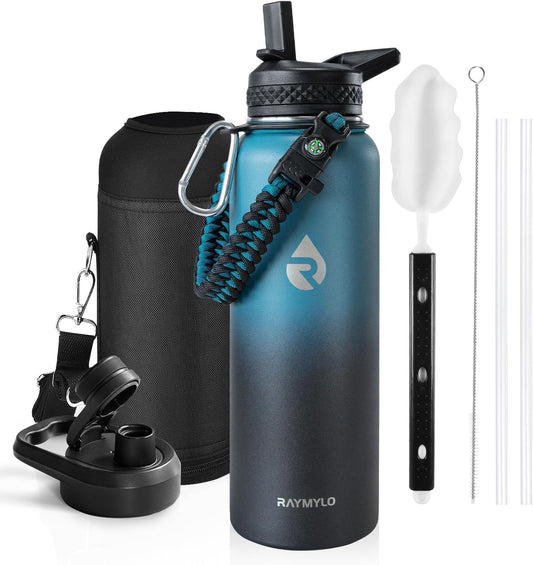 Insulated Water Bottle 40 oz, Triple Wall Vacuum Stainless Steel (Cold for 48 Hrs), Leak Proof & Non-BPA, Modern Water Flask Jug with Paracord Handle & Straw Spout Lids, Indigo/Black