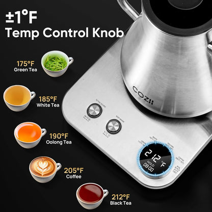 COZII Gooseneck Electric Kettle,5 Presets & ±1℉ Temperature Control 1200W Quick Heating Water Boiler for Coffee/Tea, 24H Keep Warm, Auto Shut Off Pour Over Kettle with 50pcs Coffee Filter,0.9L Silver
