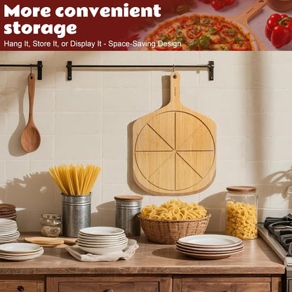 Wood Pizza Peel 16 Inch Pizza Paddle Spatula Serving Board Bamboo Pizza Cutting Boards with 8 Slice Grooves and Handle for Kitchen Oven Pastry Pizzas