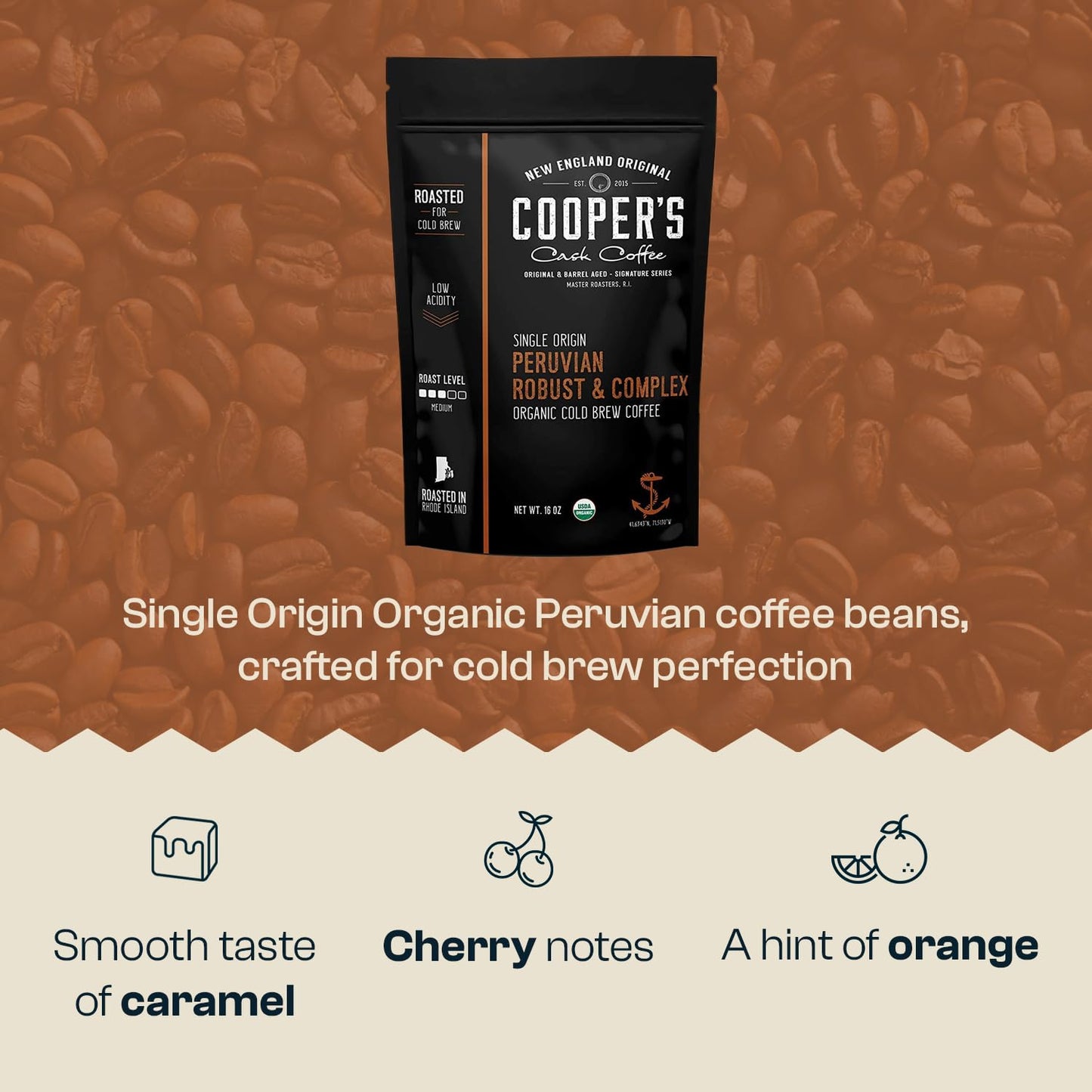 Organic Cold Brew Coffee Peru Reserve Single Origin Peruvian Coarsely Whole Bean - 1 lb. Bag - Medium Roast