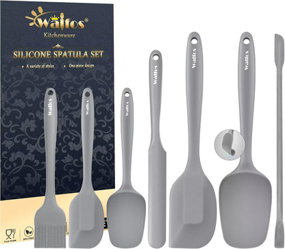 Walfos Silicone Spatula Set (7pcs) - 600℉ Heat Resistant Silicone Scraper Spatulas with Stainless Steel Core, Non Stick Flexible Rubber Spatula for Cooking, Baking and Mixing, Gray