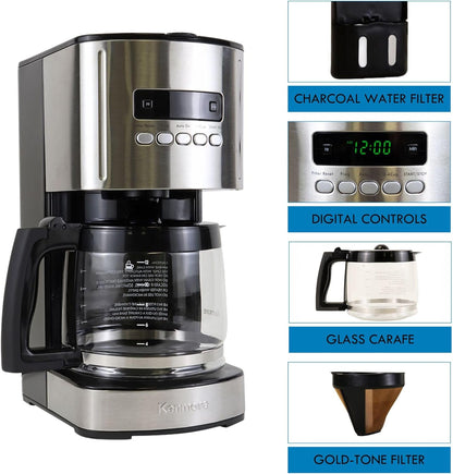 Kenmore Drip Coffee Maker - 12 Cup Programmable Cafe Machine With Glass Pot, Regular & Bold Brew, Auto Shut Off Large Water Reservoir, Reusable Filter, Kitchen Appliances For Cafeteria Barista, Black