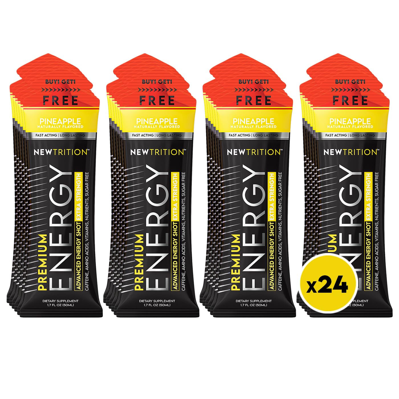 NewTrition® Extra Strength Energy Shots, 250mg Caffeine Energy Shots with Vitamin B & Amino Acids, Sugar-Free Vitamin Energy Shot, 1.7 fl oz (Pack of 24, Pineapple)