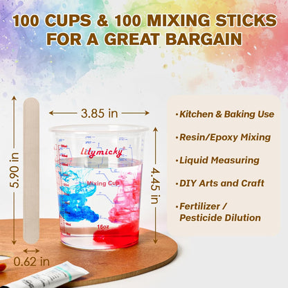 16 oz Plastic Mixing Cups, 100 Pack 16 oz (500ml) Disposable Measuring Cups with 100 Wooden Mixing Sticks, Can Be Used for Epoxy Resin, Liquid Measuring, Paint, Cooking and Baking