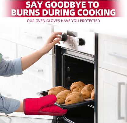 Mini Oven Mitts, Kitchen Oven Gloves Kitchen Mittens 500 Degrees Heat Resistant Baking Gloves, Non-Slip Silicone Surface with Hanging Loops Hot Gloves for Cooking, Baking, BBQ 1 Pair-Red