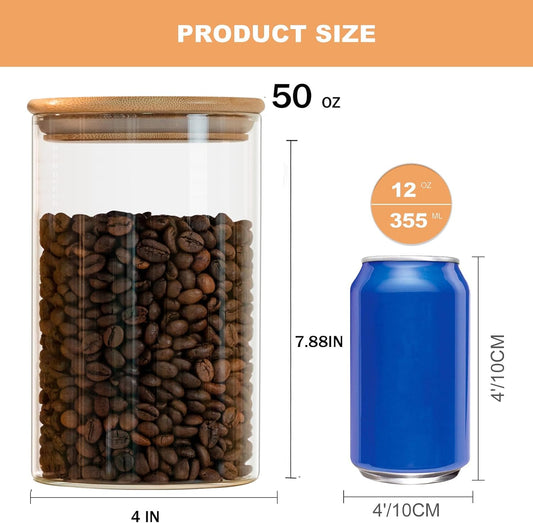 50oz Glass Food Storage Jars Set of 6,Glass Storage Containers Clear Glass Food Canister with Bamboo Lid Airtight For Serving Tea, Coffee, Flour, Sugar, Candy, Cookie, Spice and More (Round)