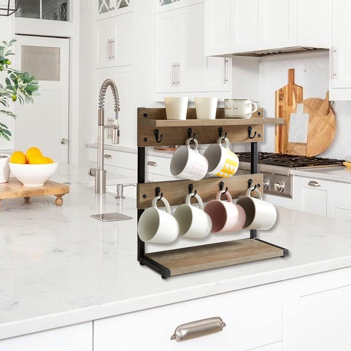IBUYKE Rustic Coffee Mug Holder Stand, 2 Tier Countertop Mug Tree Holder Rack with Storage Base, Vintage Mug Holders for Kitchen, Holds 8 Mugs, Beige UTBJ002Y