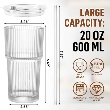 20 Oz Glass Cups with Lid and Straw 2 Set, Glass Tumbler with Straw and Lid, Vintage Glassware for Whiskey Cocktail Beer, Iced Coffee Cups with Lid (2 PACK)