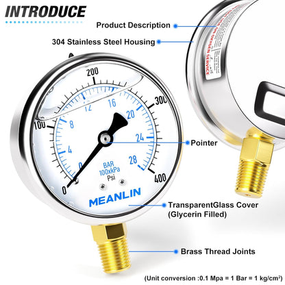 MEANLIN MEASURE 0~400Psi Stainless Steel 1/4" NPT 2.5" FACE DIAL Liquid Filled Pressure Gauge WOG Water Oil Air Lower Mount, with 1/4" x 1/2" NPT and 1/4" x 3/8" NPT Hex Bushing