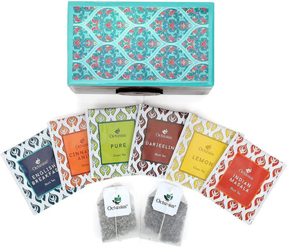 Octavius Assorted Tea Gift Set | 6 Assorted Black & Green Teas | 30 Teabags | Wooden Tea Sampler Pack w/Ornate Floral Design | Pack of 2 | Mothers Day Tea Gift Box