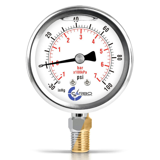 Stainless Steel Pressure Gauge Dual Display (-30/0 / +100 inHg/psi/kPa) - 2 1-2" Glycerine Liquid Filled Water Air Oil Gas Gauge with Polycarbonate Lens - Compound Vacuum -1/4" NPT