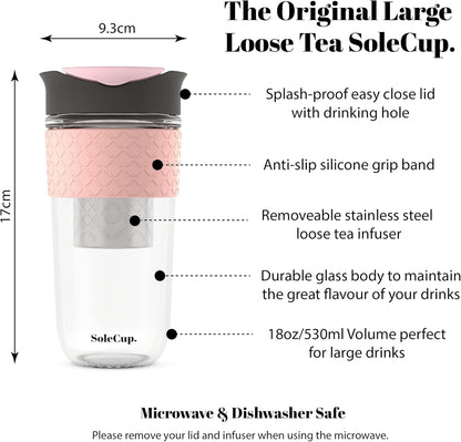 Large Travel Mug Loose Tea Infuser - Detachable Tea Strainer with Spill Proof Lid - 18oz/530ml BPA-Free Reusable Glass Travel Coffee Cup with Silicone Band (Pink) (Grey and Pink)